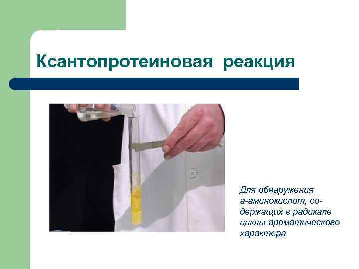 Ксантопротеиновая реакция Для обнаружения а-аминокислот, содержащих в радикале циклы ароматического характера 