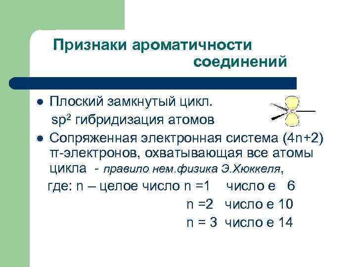Признаки ароматичности соединений Плоский замкнутый цикл. sp 2 гибридизация атомов l Сопряженная электронная система