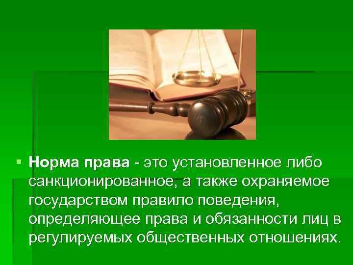 § Норма права - это установленное либо санкционированное, а также охраняемое государством правило поведения,