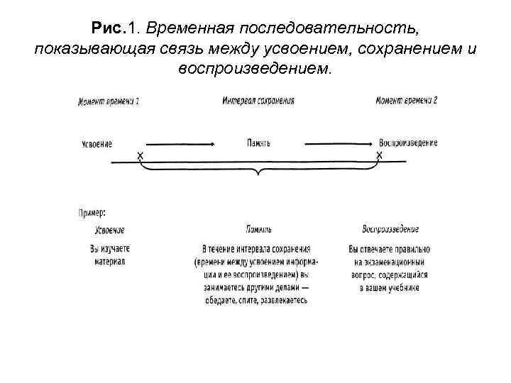 Рис. 1. Временная последовательность, показывающая связь между усвоением, сохранением и воспроизведением. 