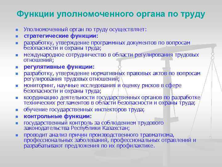 Функции уполномоченного органа по труду n n n Уполномоченный орган по труду осуществляет: стратегические