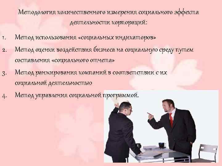 Методология количественного измерения социального эффекта деятельности корпораций: 1. Метод использования «социальных индикаторов» 2. Метод