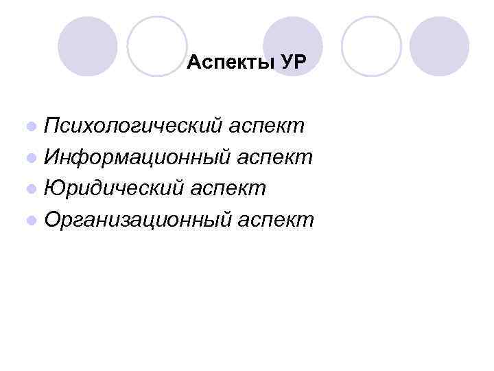 Аспекты УР ● Психологический аспект ● Информационный аспект ● Юридический аспект ● Организационный аспект