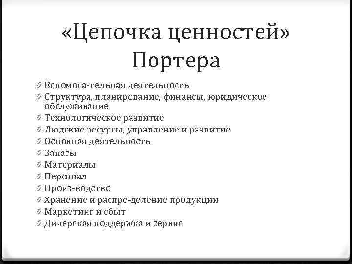  «Цепочка ценностей» Портера 0 Вспомога тельная деятельность 0 Структура, планирование, финансы, юридическое обслуживание