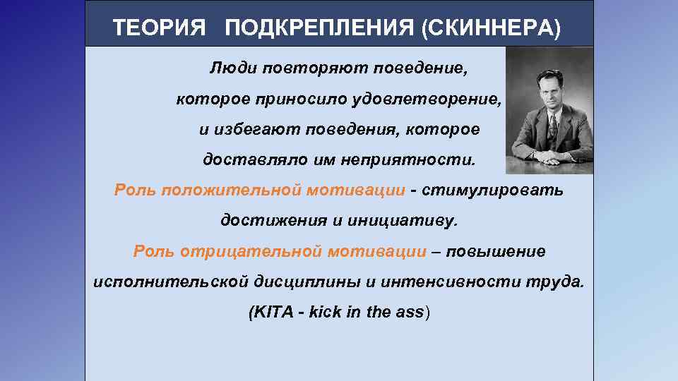 ТЕОРИЯ ПОДКРЕПЛЕНИЯ (СКИННЕРА) Люди повторяют поведение, которое приносило удовлетворение, и избегают поведения, которое доставляло