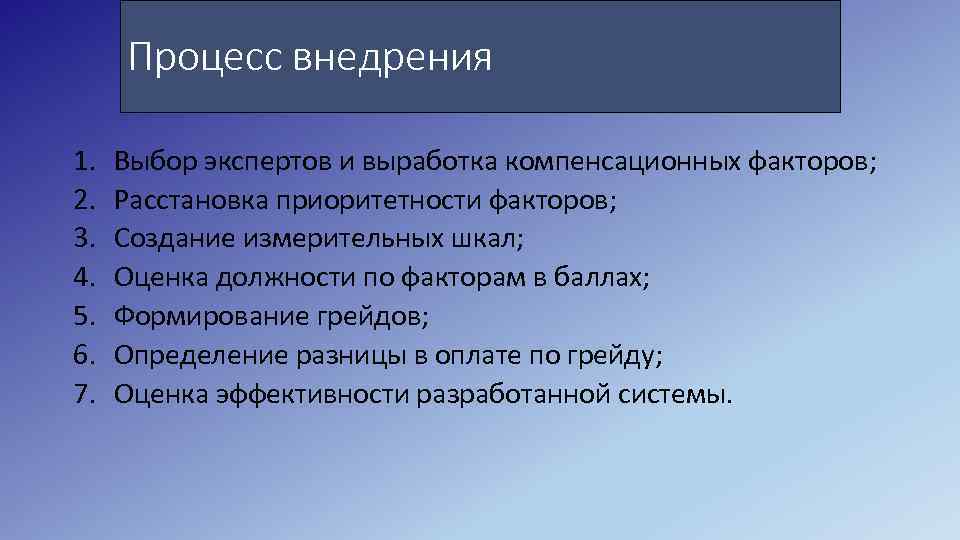 Процесс внедрения 1. 2. 3. 4. 5. 6. 7. Выбор экспертов и выработка компенсационных