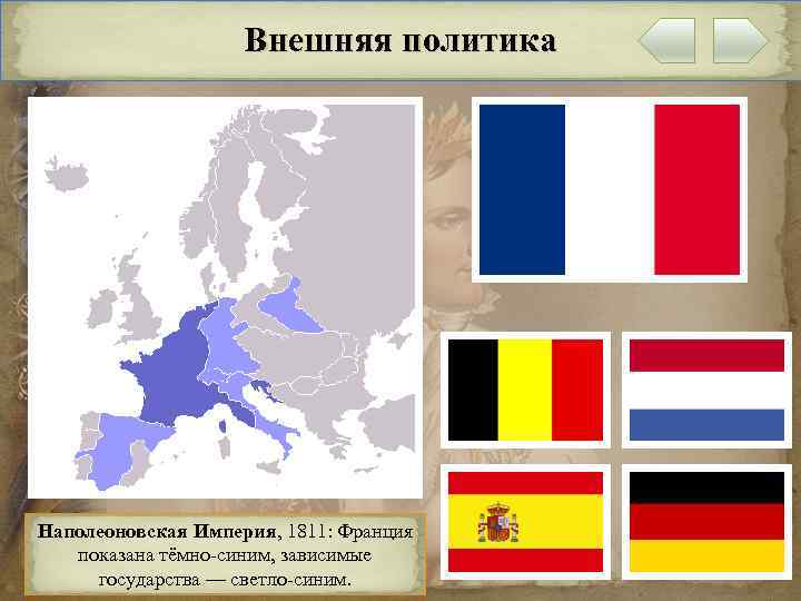 Внешняя политика Наполеоновская Империя, 1811: Франция показана тёмно синим, зависимые государства — светло синим.