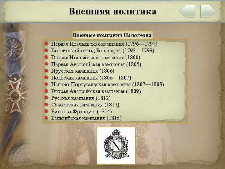 Внешняя политика Военные компании Наполеона Первая Итальянская кампания (1796— 1797) Египетский поход Бонапарта (1798—