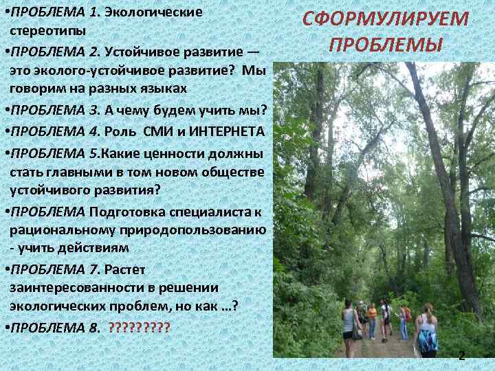  • ПРОБЛЕМА 1. Экологические стереотипы • ПРОБЛЕМА 2. Устойчивое развитие — это эколого-устойчивое