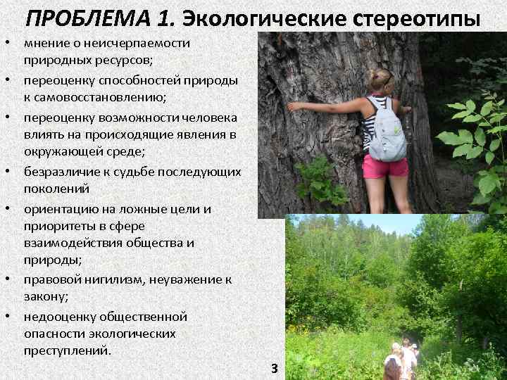 ПРОБЛЕМА 1. Экологические стереотипы • мнение о неисчерпаемости природных ресурсов; • переоценку способностей природы