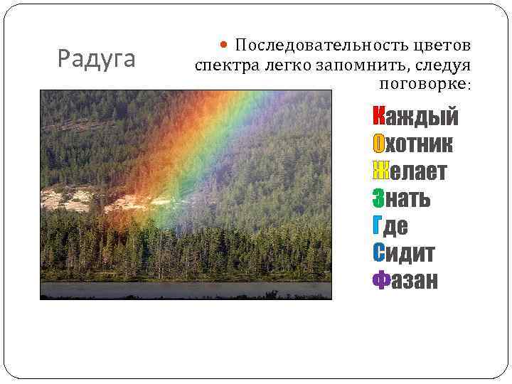 Радуга Последовательность цветов спектра легко запомнить, следуя поговорке: Каждый Охотник Желает Знать Где Сидит