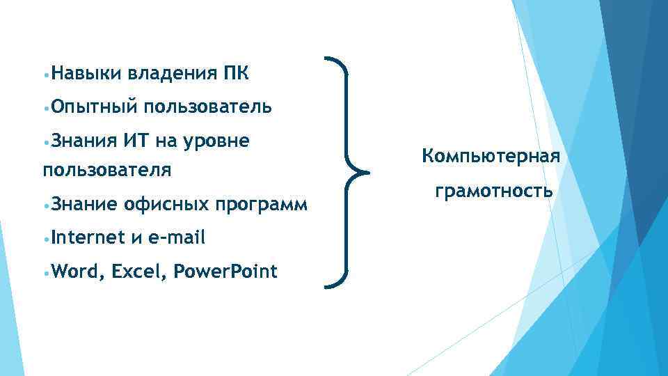  • Навыки владения ПК • Опытный пользователь • Знания ИТ на уровне пользователя