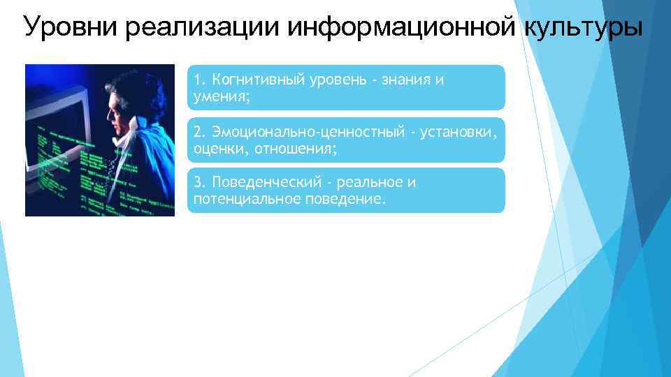 Уровни реализации информационной культуры 1. Когнитивный уровень - знания и умения; 2. Эмоционально-ценностный -
