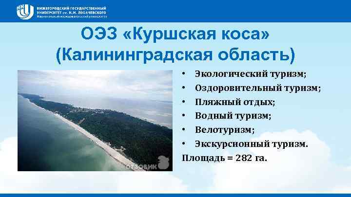 ОЭЗ «Куршская коса» (Калининградская область) • Экологический туризм; • Оздоровительный туризм; • Пляжный отдых;