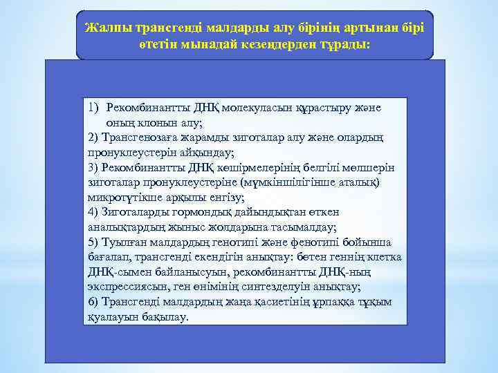 Жалпы трансгенді малдарды алу бірінің артынан бірі өтетін мынадай кезеңдерден тұрады: 1) Рекомбинантты ДНҚ