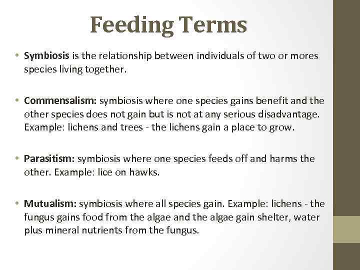 Feeding Terms • Symbiosis is the relationship between individuals of two or mores species