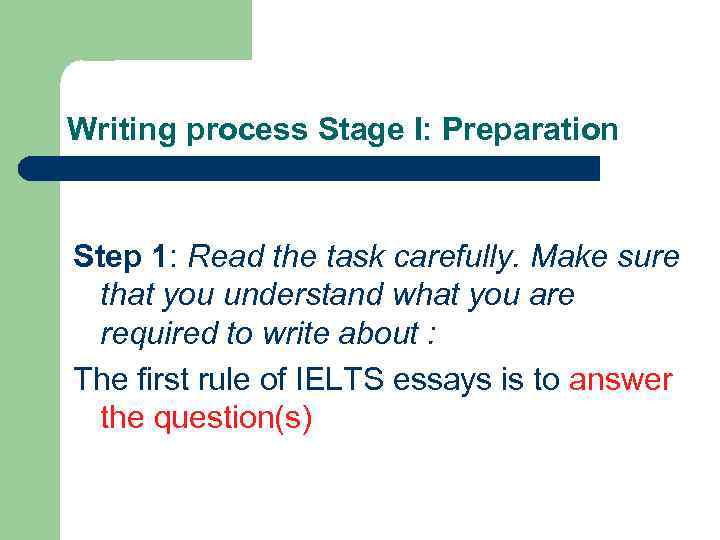 Writing process Stage I: Preparation Step 1: Read the task carefully. Make sure that