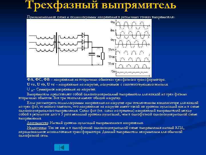 Трехфазный выпрямитель Принципиальная схема и осциллограммы напряжения в различных точках выпрямителя : ФА, ФС,