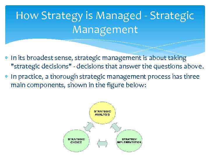 How Strategy is Managed - Strategic Management In its broadest sense, strategic management is