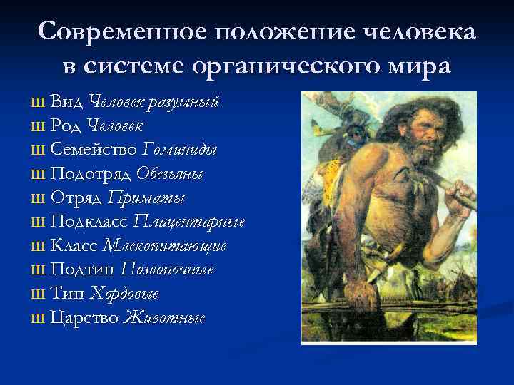 Современное положение человека в системе органического мира Ш Вид Человек разумный Ш Род Человек