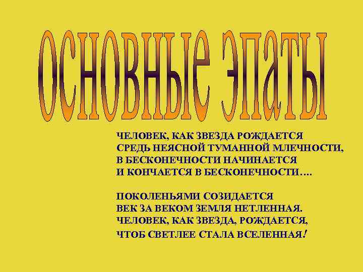 ЧЕЛОВЕК, КАК ЗВЕЗДА РОЖДАЕТСЯ СРЕДЬ НЕЯСНОЙ ТУМАННОЙ МЛЕЧНОСТИ, В БЕСКОНЕЧНОСТИ НАЧИНАЕТСЯ И КОНЧАЕТСЯ В