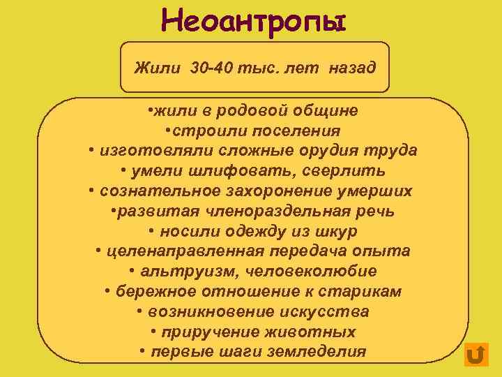 Неоантропы Жили 30 -40 тыс. лет назад • жили в родовой общине • строили