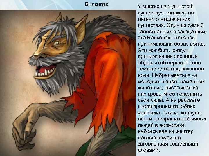 Волколак У многих народностей существует множество легенд о мифических существах. Один из самый таинственных