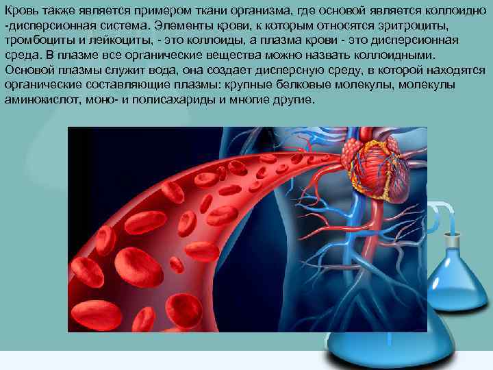 Кровь также является примером ткани организма, где основой является коллоидно -дисперсионная система. Элементы крови,