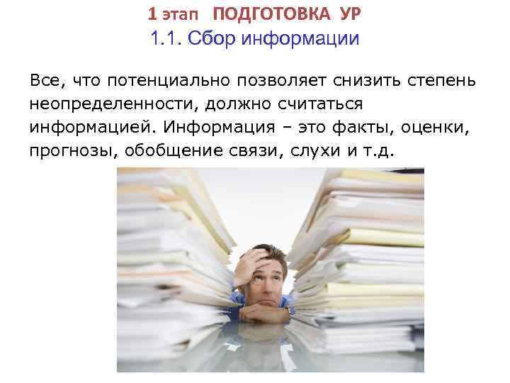 1 этап ПОДГОТОВКА УР 1. 1. Сбор информации Все, что потенциально позволяет снизить степень