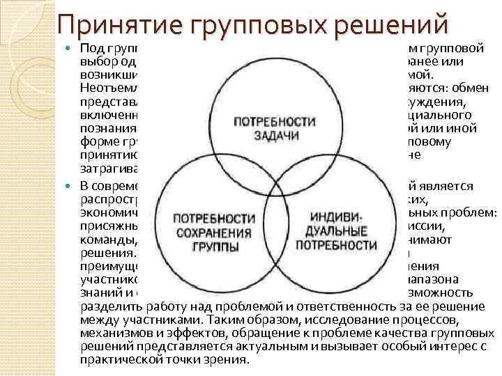 Принятие групповых решений Под групповым принятием решения мы подразумеваем групповой выбор одной из множества