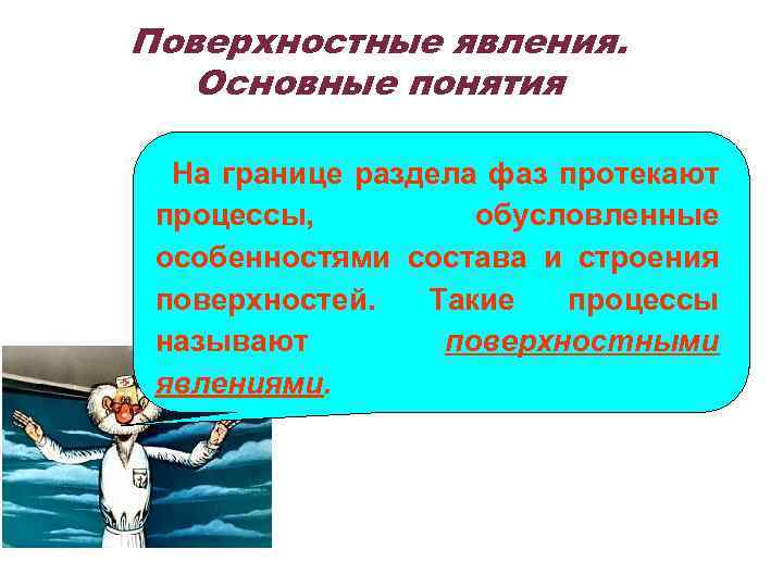 Поверхностные явления. Основные понятия На границе раздела фаз протекают процессы, обусловленные особенностями состава и