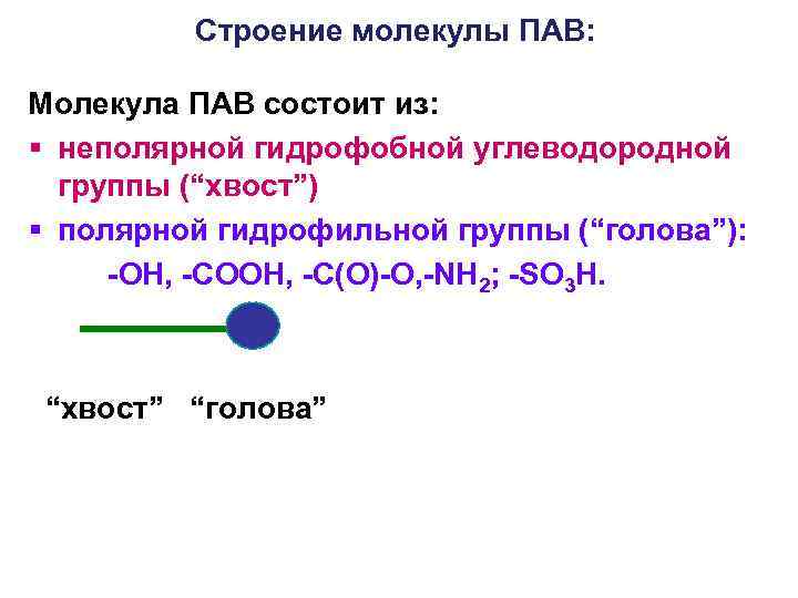 Строение молекулы ПАВ: Молекула ПАВ состоит из: § неполярной гидрофобной углеводородной группы (“хвост”) §