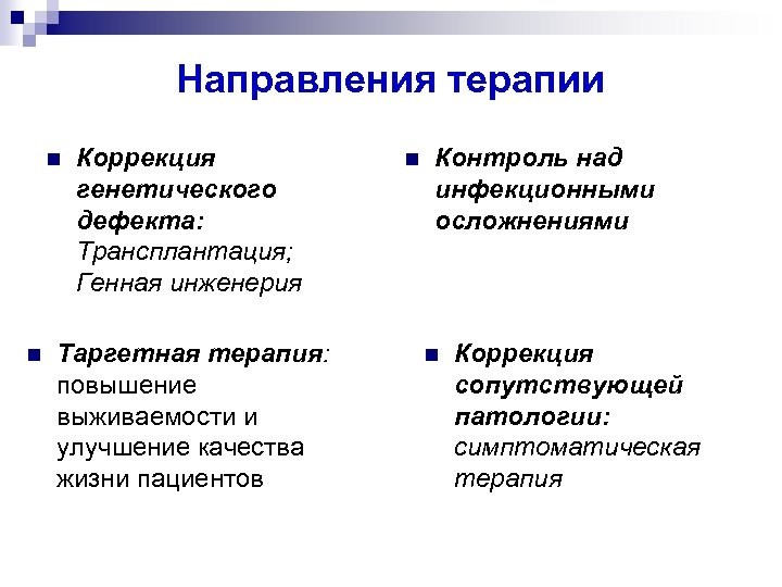 Направления терапии Коррекция генетического дефекта: Трансплантация; Генная инженерия Таргетная терапия: повышение выживаемости и улучшение