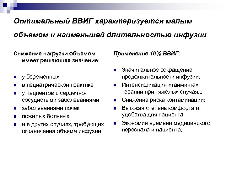 Оптимальный ВВИГ характеризуется малым объемом и наименьшей длительностью инфузии Снижение нагрузки объемом имеет решающее