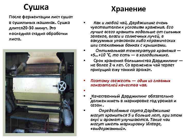 Сушка После ферментации лист сушат в сушильных машинах. Сушка длится 20 -30 минут. Это