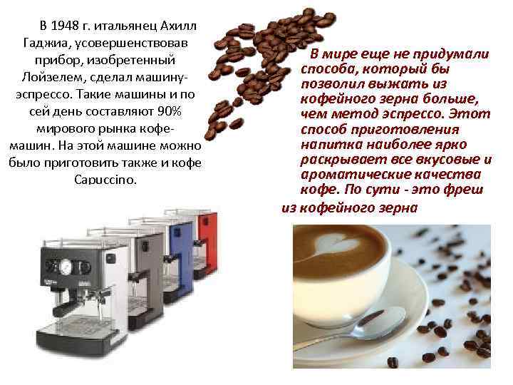  В 1948 г. итальянец Ахилл Гаджиа, усовершенствовав прибор, изобретенный Лойзелем, сделал машинуэспрессо. Такие