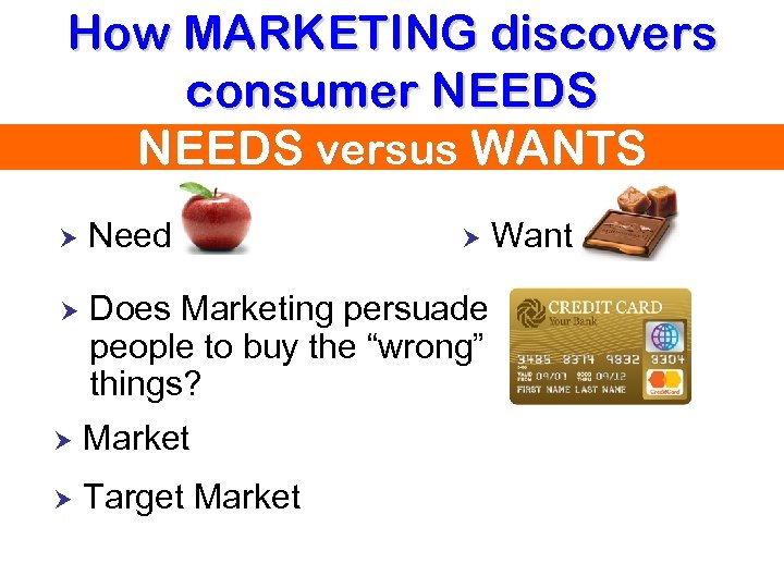 How MARKETING discovers consumer NEEDS versus WANTS Need Does Marketing persuade people to buy