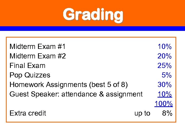 Grading Midterm Exam #1 Midterm Exam #2 Final Exam Pop Quizzes Homework Assignments (best