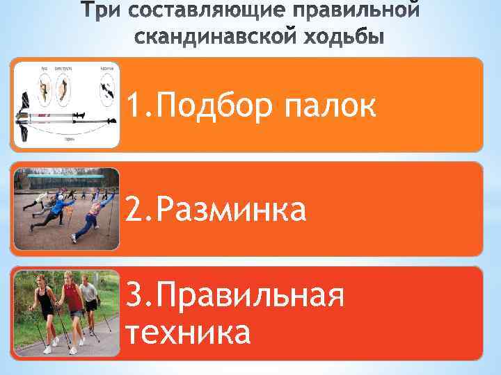 1. Подбор палок 2. Разминка 3. Правильная техника 