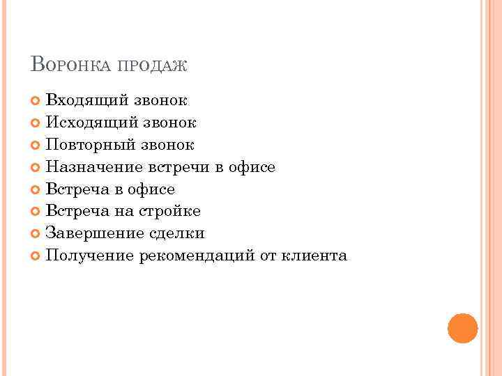 ВОРОНКА ПРОДАЖ Входящий звонок Исходящий звонок Повторный звонок Назначение встречи в офисе Встреча на