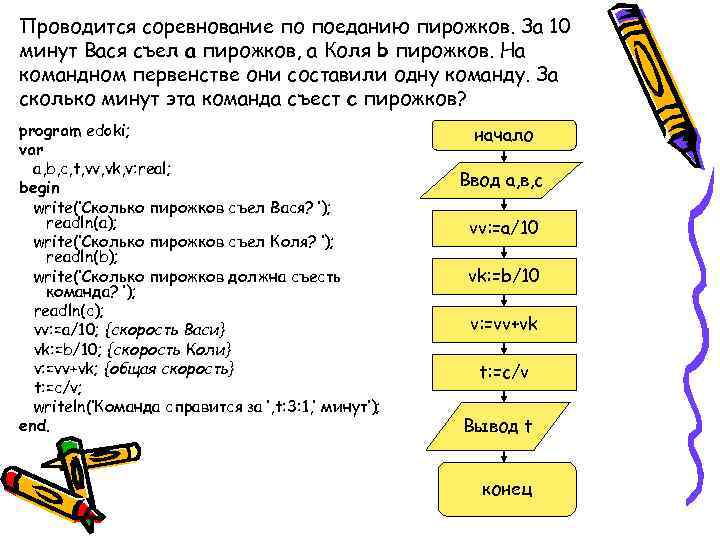 Проводится соревнование по поеданию пирожков. За 10 минут Вася съел a пирожков, а Коля