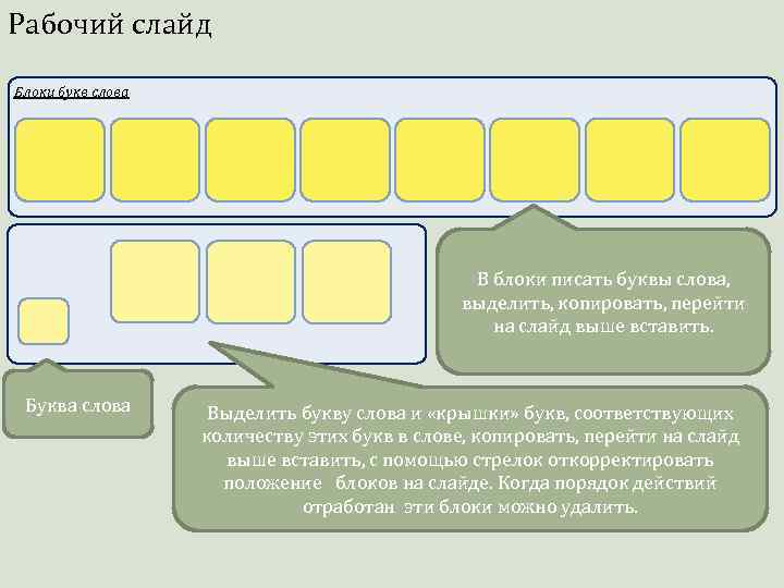 Слайд с БЛОКАМИ. Слова подсказки в управлении. Буквы из блоков.