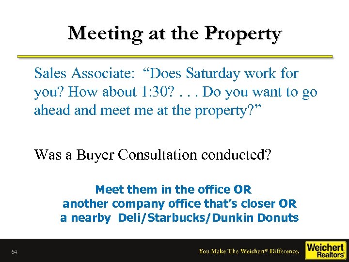 Meeting at the Property Sales Associate: “Does Saturday work for you? How about 1: