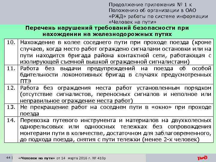 Продолжение приложения № 1 к Положению об организации в ОАО «РЖД» работы по системе