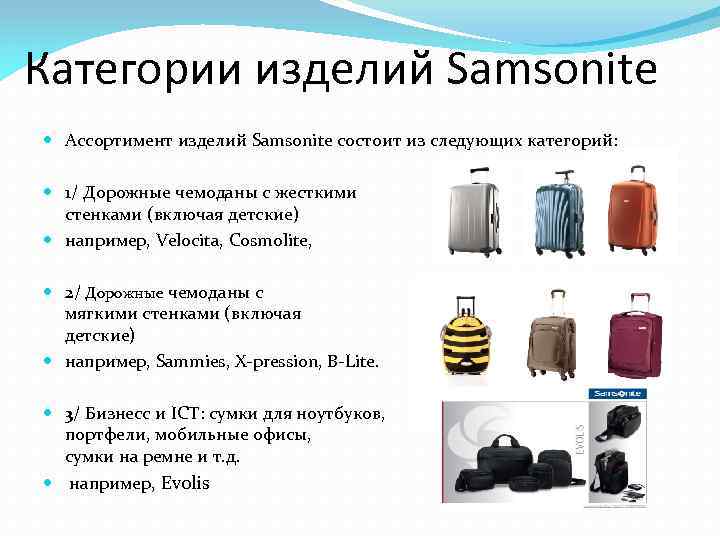 Категории изделий Samsonite Ассортимент изделий Samsonite состоит из следующих категорий: 1/ Дорожные чемоданы с