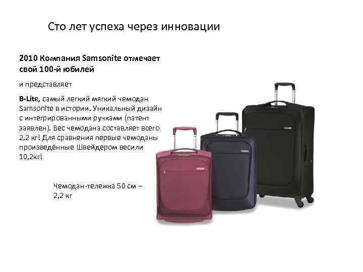 Сто лет успеха через инновации 2010 Компания Samsonite отмечает свой 100 -й юбилей и