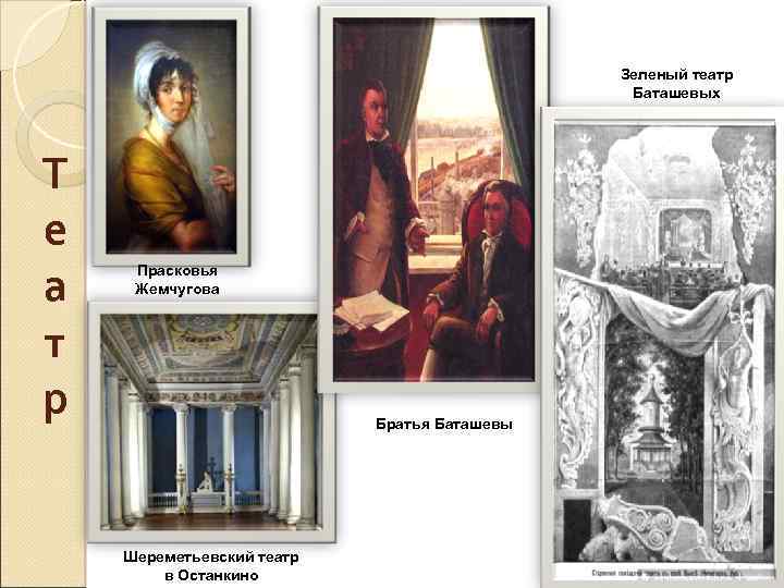 Зеленый театр Баташевых Т е а т р Прасковья Жемчугова Братья Баташевы Шереметьевский театр