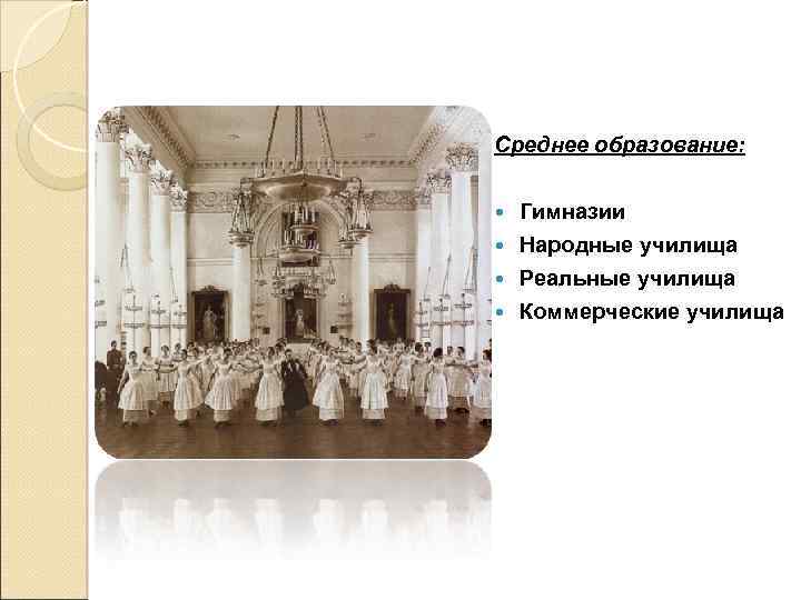 Среднее образование: Гимназии Народные училища Реальные училища Коммерческие училища 