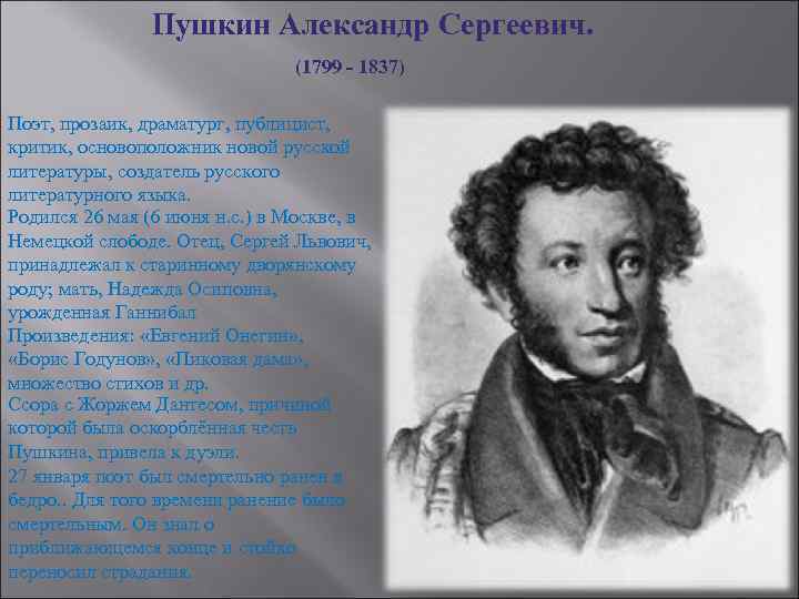 Пушкин Александр Сергеевич. (1799 - 1837) Поэт, прозаик, драматург, публицист, критик, основоположник новой русской