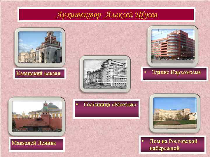 Архитектор Алексей Щусев • Здание Наркомзема Казанский вокзал • Гостиница «Москва» Мавзолей Ленина •